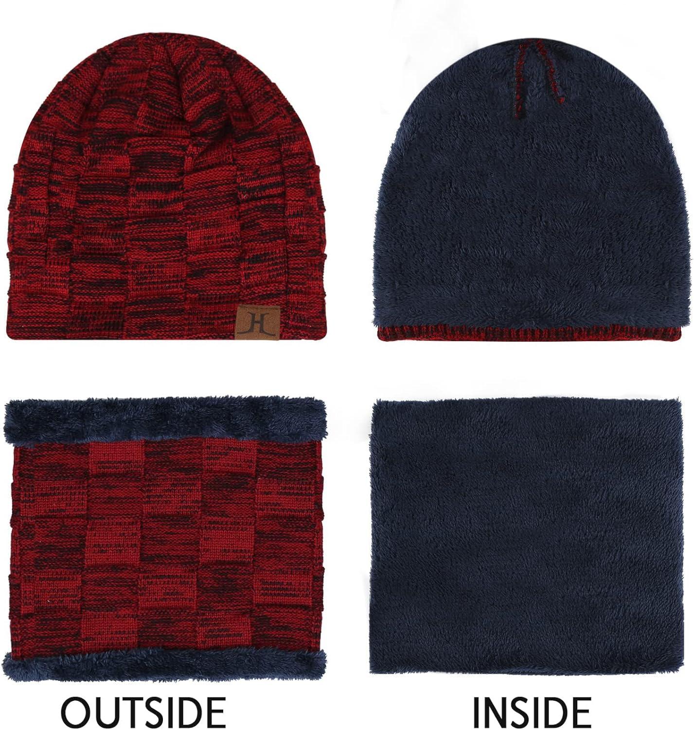 imageMens Winter Beanie Hats Scarf Set Warm Knit Skull Cap Neck Warmer with Fleece Lined Winter Hat for WomenWine Red