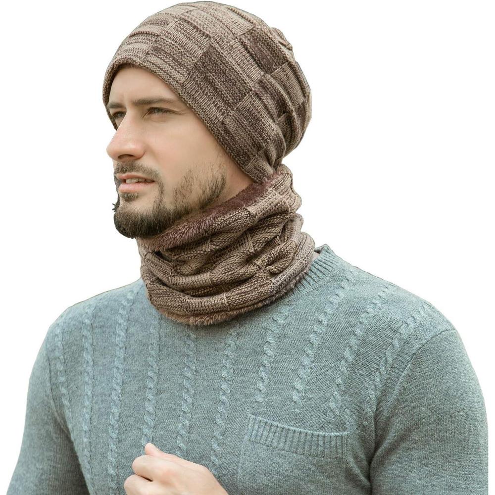 imageMens Winter Beanie Hats Scarf Set Warm Knit Skull Cap Neck Warmer with Fleece Lined Winter Hat for WomenKhaki