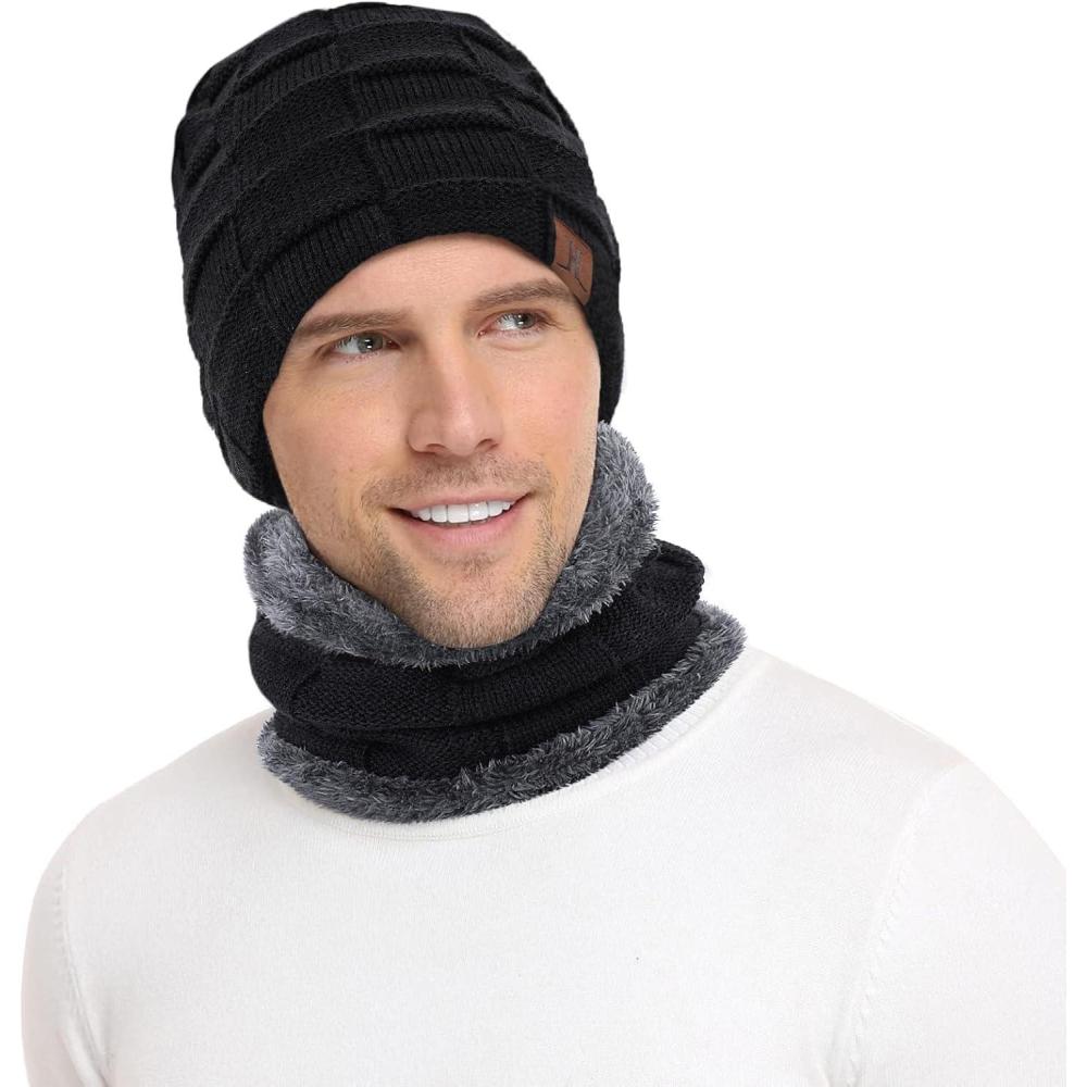 imageMens Winter Beanie Hats Scarf Set Warm Knit Skull Cap Neck Warmer with Fleece Lined Winter Hat for WomenPure Black