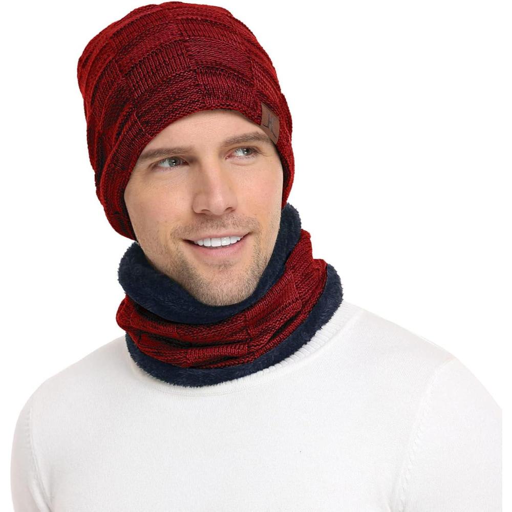 imageMens Winter Beanie Hats Scarf Set Warm Knit Skull Cap Neck Warmer with Fleece Lined Winter Hat for WomenWine Red