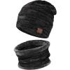 imageMens Winter Beanie Hats Scarf Set Warm Knit Skull Cap Neck Warmer with Fleece Lined Winter Hat for WomenBlack