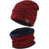 imageMens Winter Beanie Hats Scarf Set Warm Knit Skull Cap Neck Warmer with Fleece Lined Winter Hat for WomenWine Red