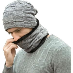 imageMens Winter Beanie Hats Scarf Set Warm Knit Skull Cap Neck Warmer with Fleece Lined Winter Hat for WomenGrey
