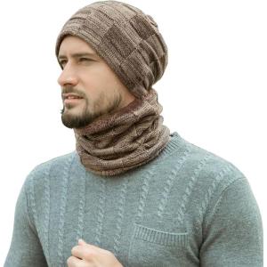 imageMens Winter Beanie Hats Scarf Set Warm Knit Skull Cap Neck Warmer with Fleece Lined Winter Hat for WomenKhaki