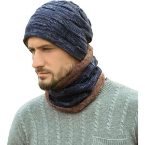 imageMens Winter Beanie Hats Scarf Set Warm Knit Skull Cap Neck Warmer with Fleece Lined Winter Hat for WomenNavy Blue