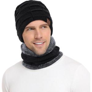 imageMens Winter Beanie Hats Scarf Set Warm Knit Skull Cap Neck Warmer with Fleece Lined Winter Hat for WomenPure Black