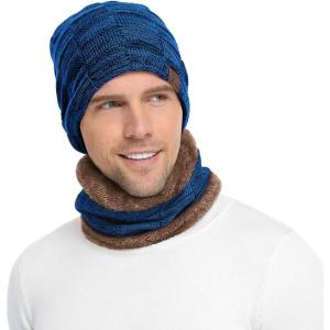imageMens Winter Beanie Hats Scarf Set Warm Knit Skull Cap Neck Warmer with Fleece Lined Winter Hat for WomenRoyal Blue