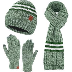 imageMens Winter Hat Long Scarf Touch Screen Gloves Knit Set with Warm Fleece Lined Beanie Hats Neck Warmer Gifts for MenArmy Green White