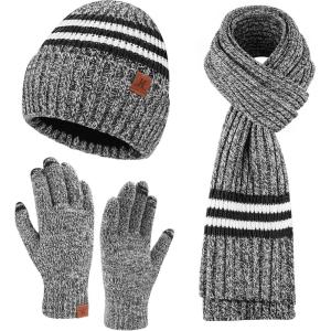 imageMens Winter Hat Long Scarf Touch Screen Gloves Knit Set with Warm Fleece Lined Beanie Hats Neck Warmer Gifts for MenBlack White