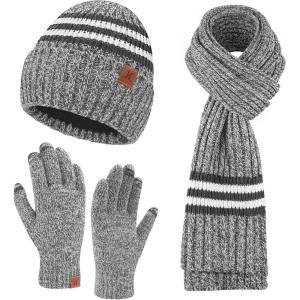imageMens Winter Hat Long Scarf Touch Screen Gloves Knit Set with Warm Fleece Lined Beanie Hats Neck Warmer Gifts for MenGrey White