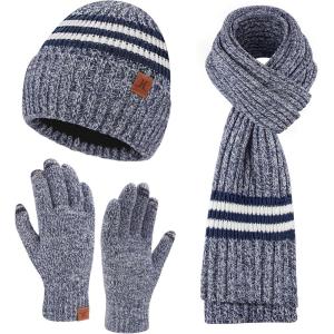imageMens Winter Hat Long Scarf Touch Screen Gloves Knit Set with Warm Fleece Lined Beanie Hats Neck Warmer Gifts for MenNavy Blue White