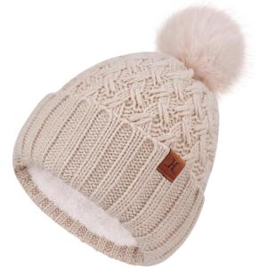 imageFZ FANTASTIC ZONE Winter Beanie Hats for Women with Fleece Lined Knitted Warm Womens Pom Pom Hat Chunky Cable Skull Cap GiftsOatmeal