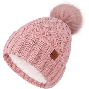 imageFZ FANTASTIC ZONE Winter Beanie Hats for Women with Fleece Lined Knitted Warm Womens Pom Pom Hat Chunky Cable Skull Cap GiftsPink