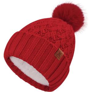 imageFZ FANTASTIC ZONE Winter Beanie Hats for Women with Fleece Lined Knitted Warm Womens Pom Pom Hat Chunky Cable Skull Cap GiftsRed