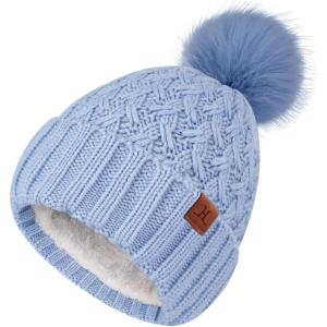 imageFZ FANTASTIC ZONE Winter Beanie Hats for Women with Fleece Lined Knitted Warm Womens Pom Pom Hat Chunky Cable Skull Cap GiftsSky Blue