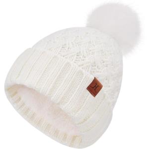imageFZ FANTASTIC ZONE Winter Beanie Hats for Women with Fleece Lined Knitted Warm Womens Pom Pom Hat Chunky Cable Skull Cap GiftsWhite