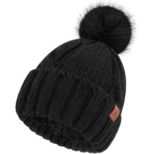 imageFZ FANTASTIC ZONE Womens Pom Pom Winter Hat Warm Cable Knit Beanie Hats for Women Skull Cap with Thick Fleece Lined GiftsBlack