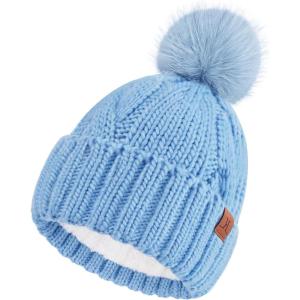 imageFZ FANTASTIC ZONE Womens Pom Pom Winter Hat Warm Cable Knit Beanie Hats for Women Skull Cap with Thick Fleece Lined GiftsLight Blue