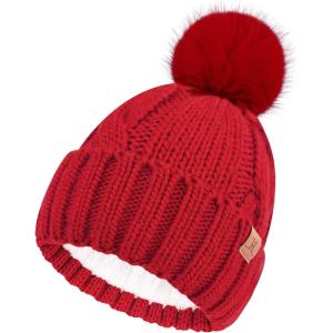 imageFZ FANTASTIC ZONE Womens Pom Pom Winter Hat Warm Cable Knit Beanie Hats for Women Skull Cap with Thick Fleece Lined GiftsRed