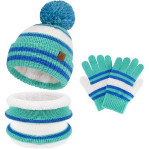 imageKids Toddler Winter Hat Gloves Infinity Scarf Set Warm Beanie Hats Neck Warmer with Fleece for Boys Girls Age 27 Baby GiftsLake Blue