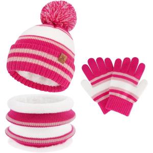 imageKids Toddler Winter Hat Gloves Infinity Scarf Set Warm Beanie Hats Neck Warmer with Fleece for Boys Girls Age 27 Baby GiftsRose Red