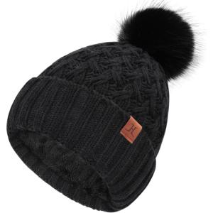 imageFZ FANTASTIC ZONE Winter Beanie Hats for Women with Fleece Lined Knitted Warm Womens Pom Pom Hat Chunky Cable Skull Cap GiftsBlack