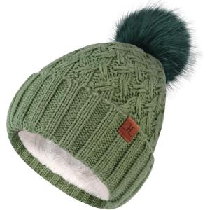 imageFZ FANTASTIC ZONE Winter Beanie Hats for Women with Fleece Lined Knitted Warm Womens Pom Pom Hat Chunky Cable Skull Cap GiftsMint Green