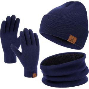 imageWinter Beanie Hat Scarf Touchscreen Gloves Set for Men and Women Beanie Gloves Neck Warmer Set with Warm Knit Fleece LinedDark Blue