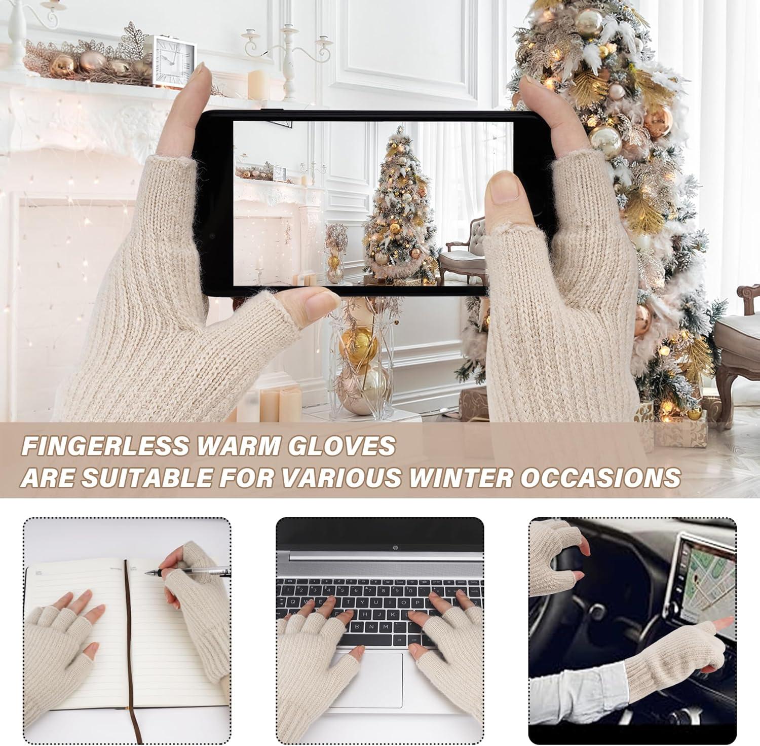 imageFZ FANTASTIC ZONE Winter Fingerless Gloves for Women Men Fleece Warm Knit Type Work Half Finger Gloves for Cold Weather GiftApricot