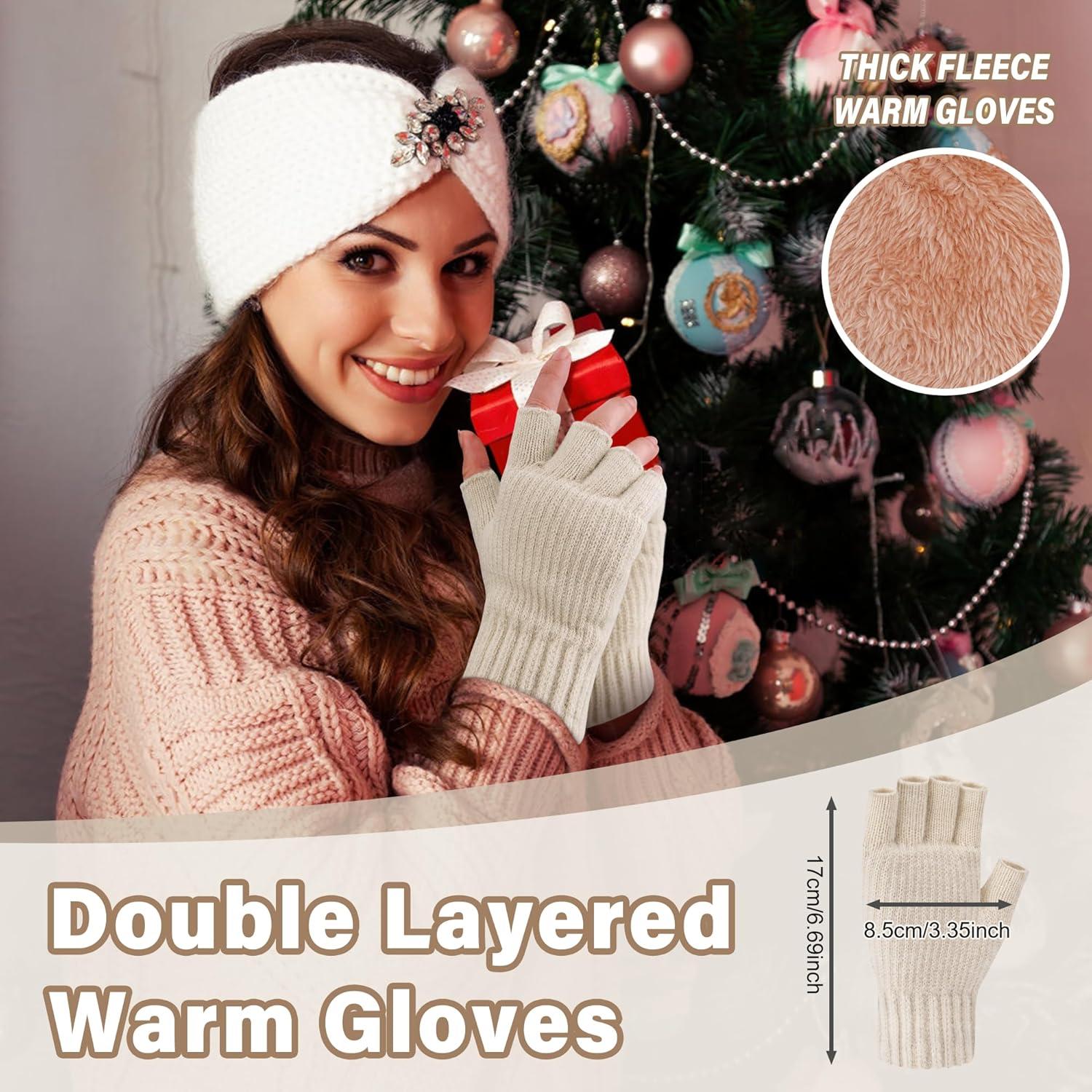 imageFZ FANTASTIC ZONE Winter Fingerless Gloves for Women Men Fleece Warm Knit Type Work Half Finger Gloves for Cold Weather GiftApricot
