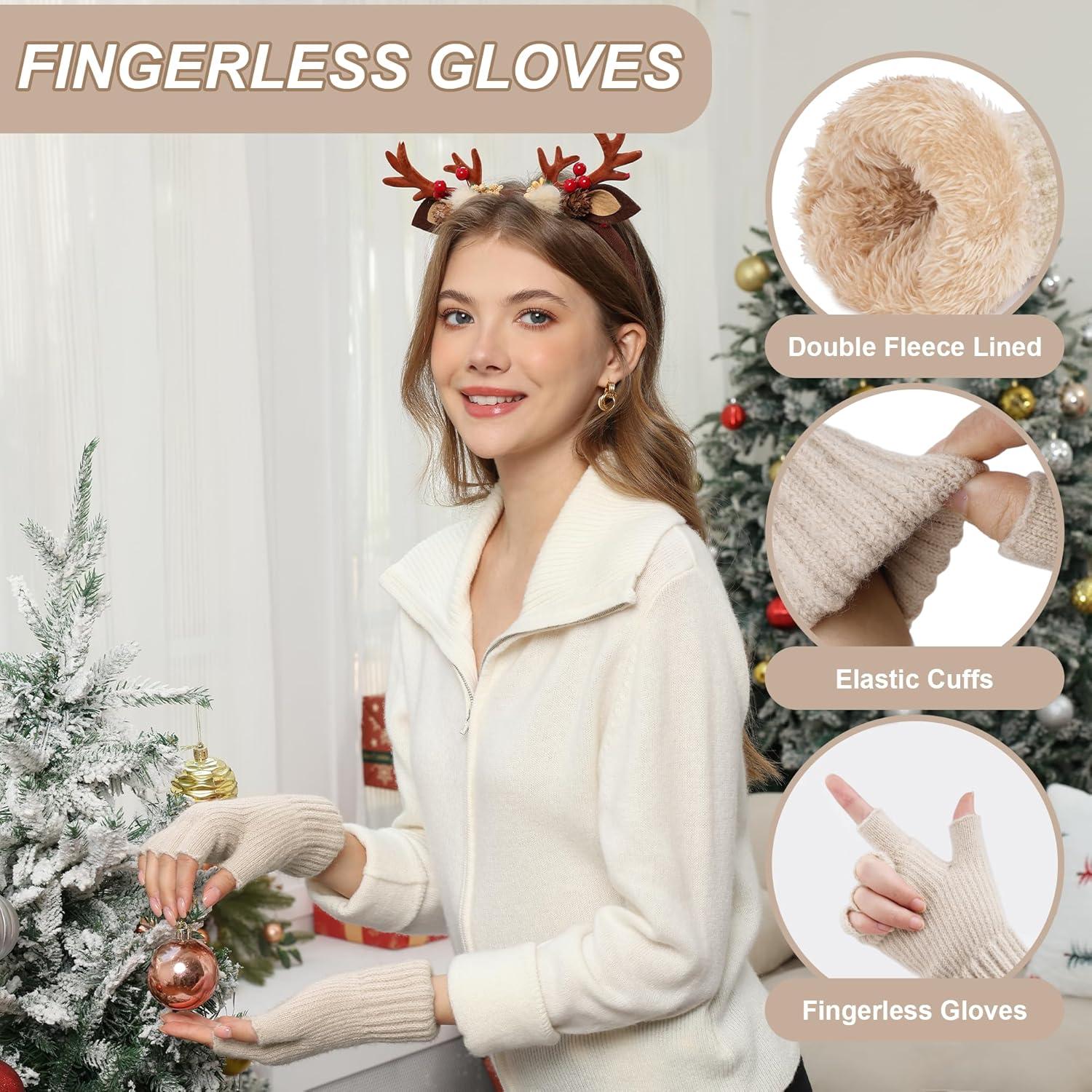 imageFZ FANTASTIC ZONE Winter Fingerless Gloves for Women Men Fleece Warm Knit Type Work Half Finger Gloves for Cold Weather GiftApricot