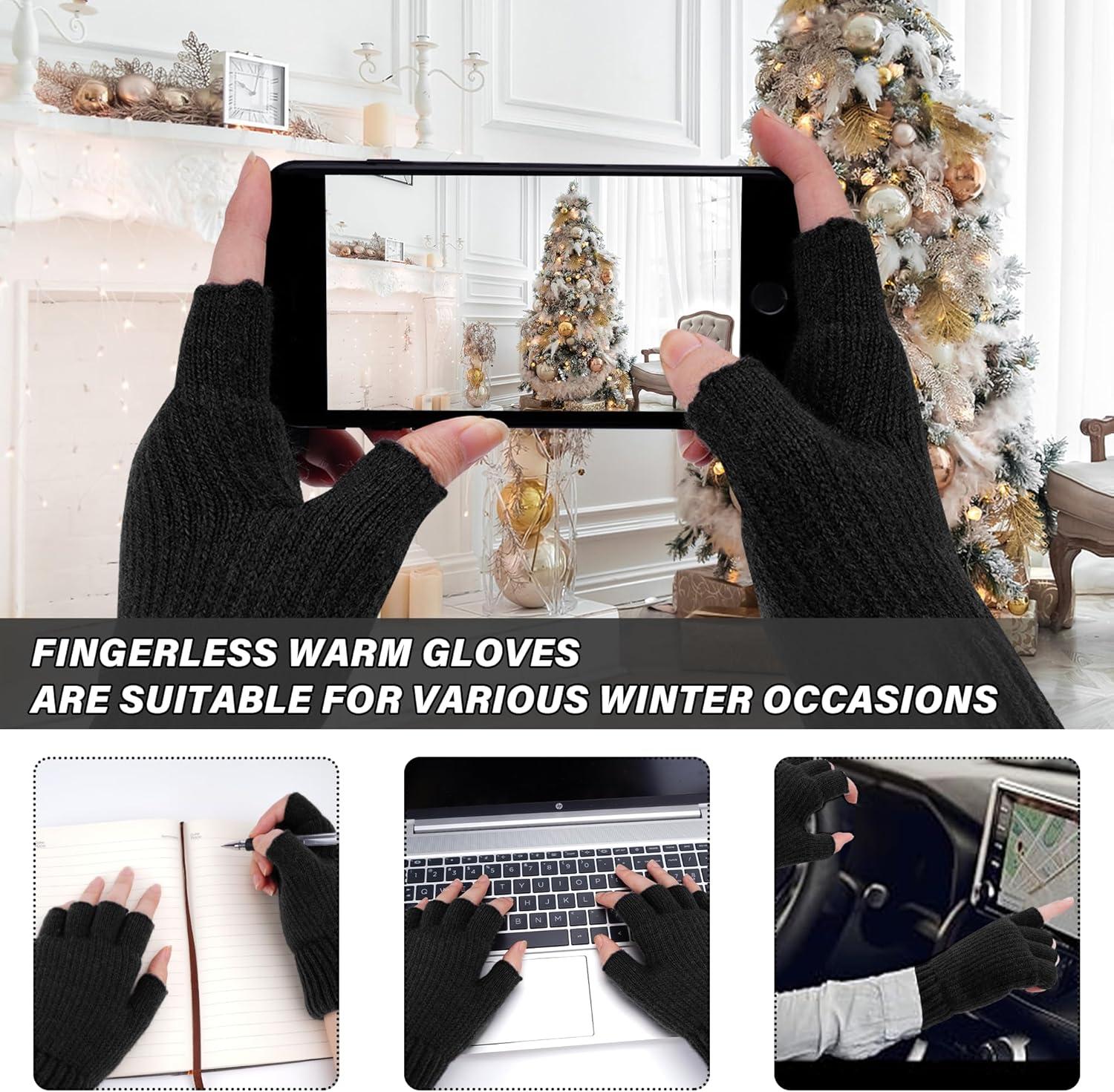 imageFZ FANTASTIC ZONE Winter Fingerless Gloves for Women Men Fleece Warm Knit Type Work Half Finger Gloves for Cold Weather GiftBlack