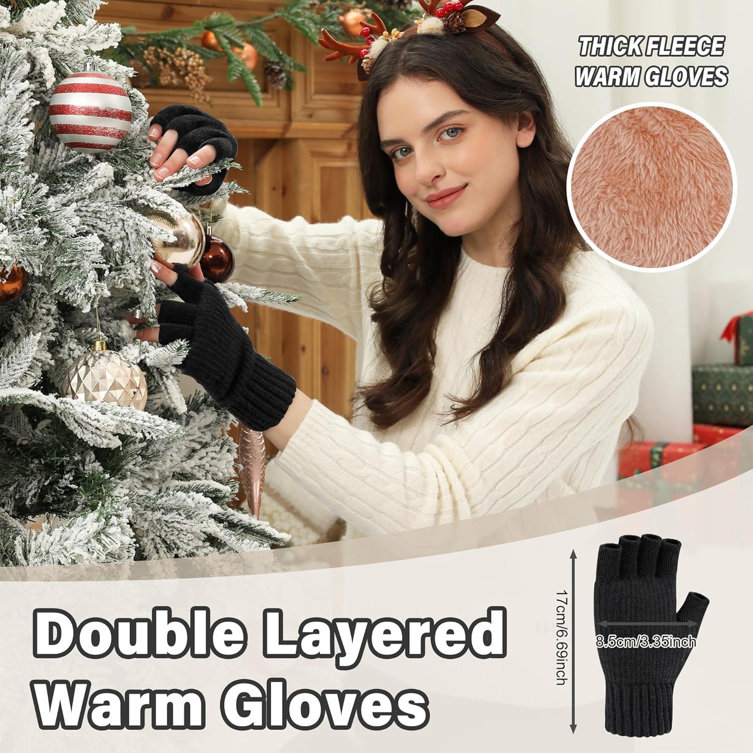 imageFZ FANTASTIC ZONE Winter Fingerless Gloves for Women Men Fleece Warm Knit Type Work Half Finger Gloves for Cold Weather GiftBlack