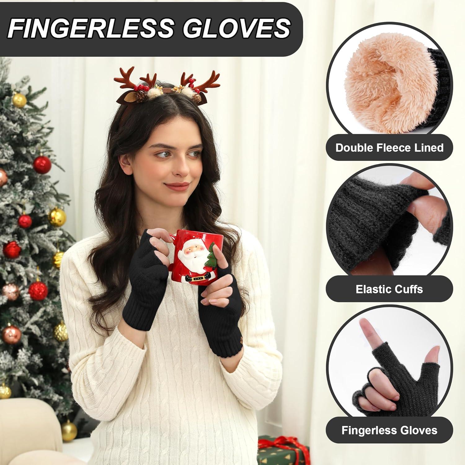 imageFZ FANTASTIC ZONE Winter Fingerless Gloves for Women Men Fleece Warm Knit Type Work Half Finger Gloves for Cold Weather GiftBlack