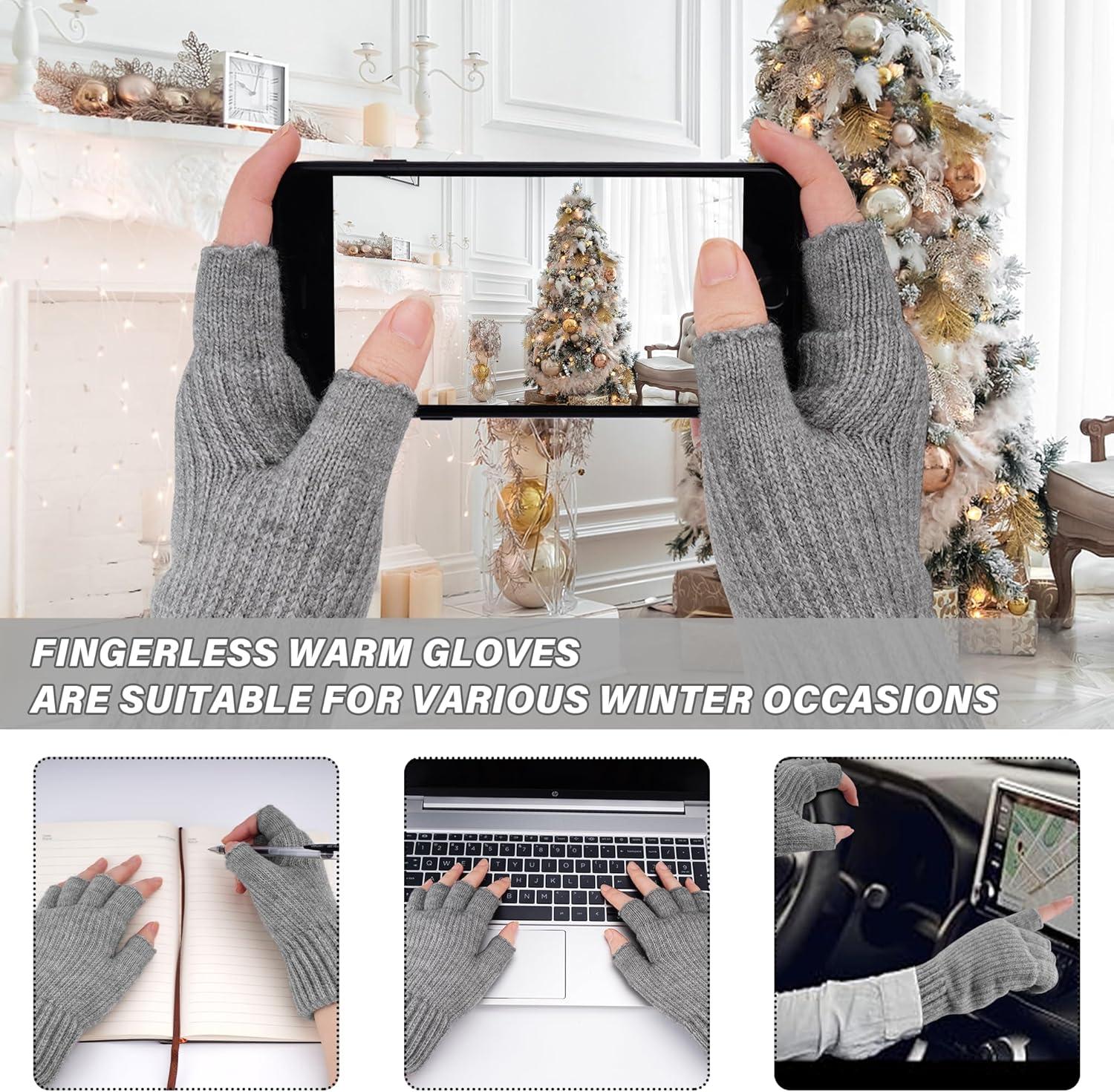 imageFZ FANTASTIC ZONE Winter Fingerless Gloves for Women Men Fleece Warm Knit Type Work Half Finger Gloves for Cold Weather GiftGray