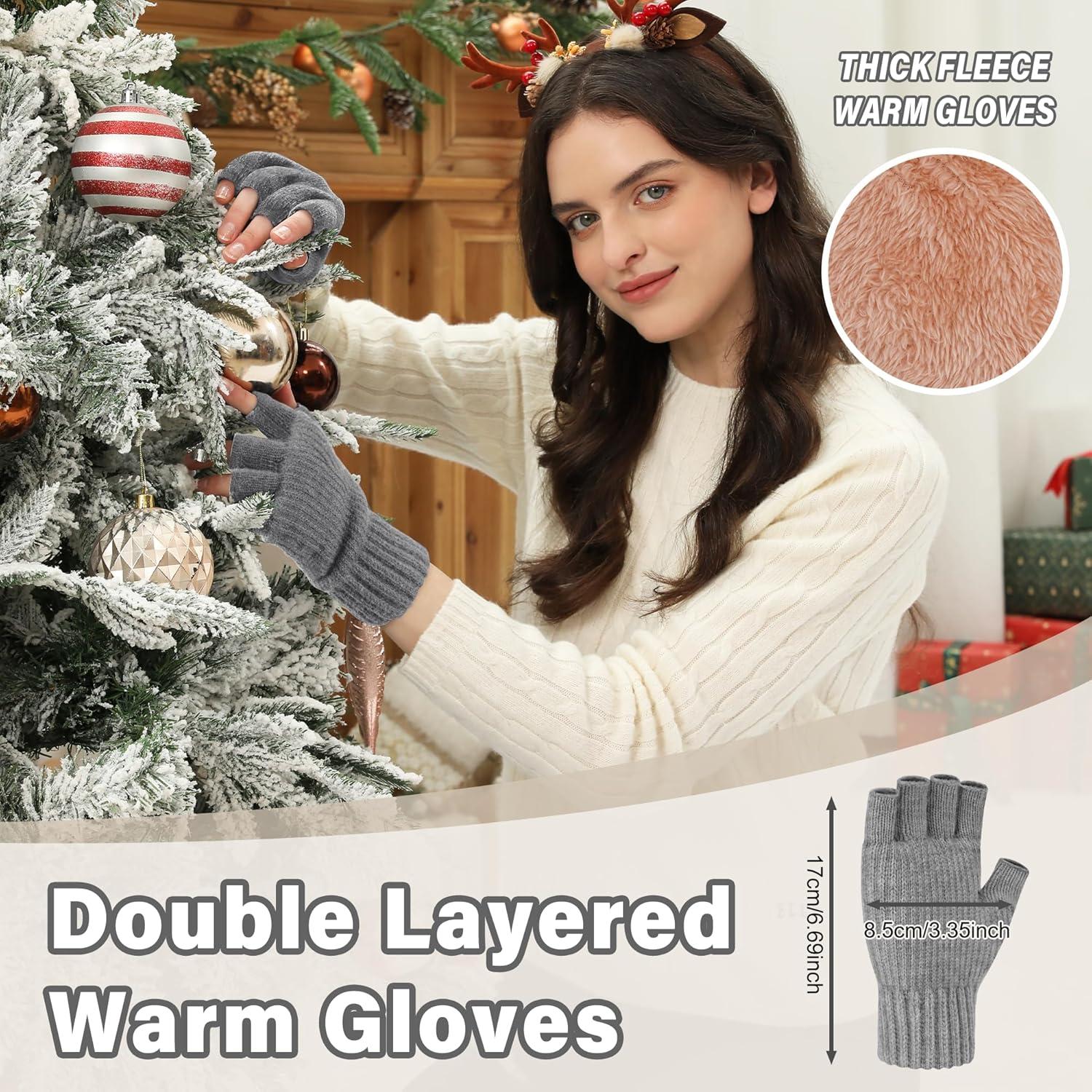 imageFZ FANTASTIC ZONE Winter Fingerless Gloves for Women Men Fleece Warm Knit Type Work Half Finger Gloves for Cold Weather GiftGray