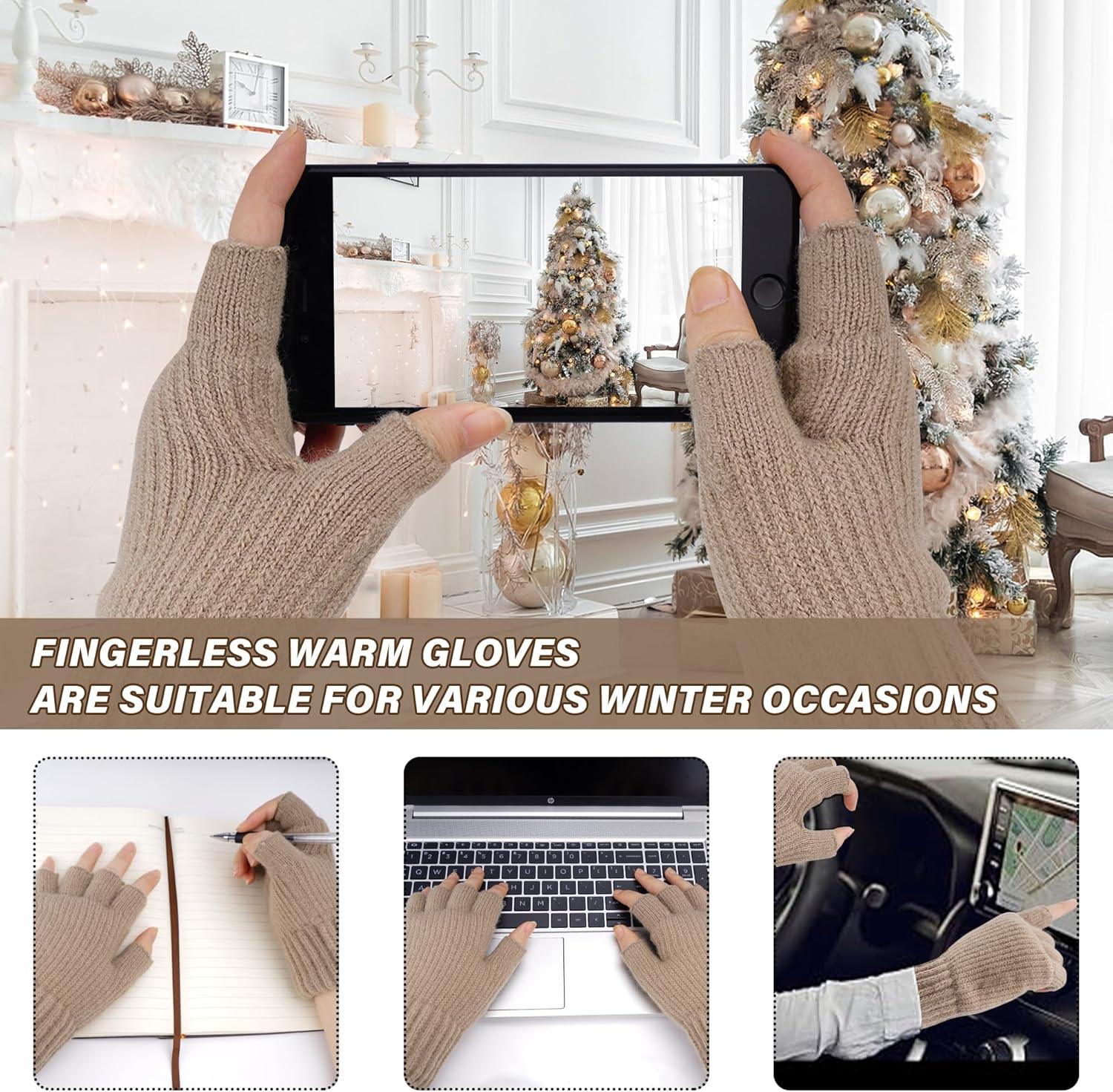 imageFZ FANTASTIC ZONE Winter Fingerless Gloves for Women Men Fleece Warm Knit Type Work Half Finger Gloves for Cold Weather GiftKhaki