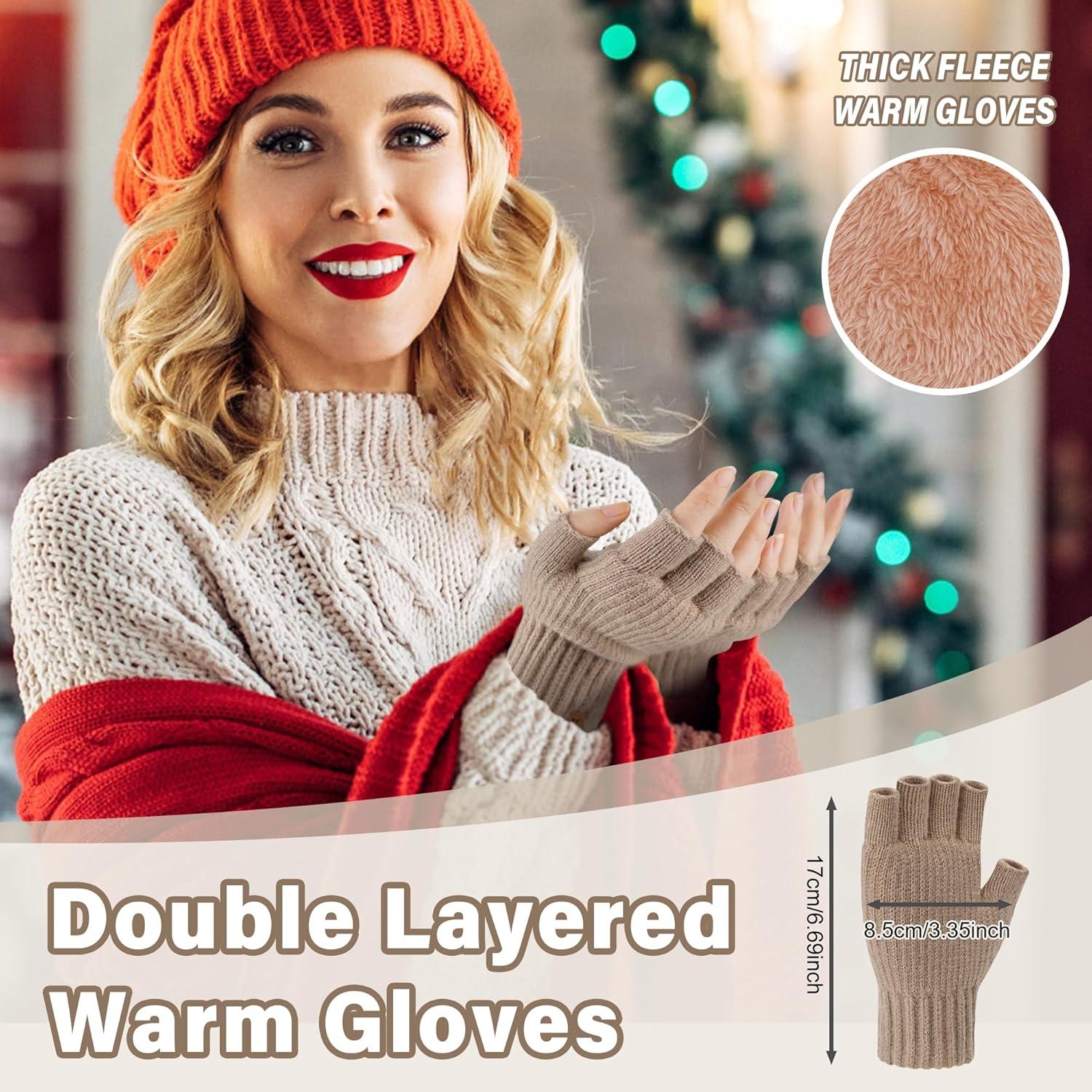 imageFZ FANTASTIC ZONE Winter Fingerless Gloves for Women Men Fleece Warm Knit Type Work Half Finger Gloves for Cold Weather GiftKhaki