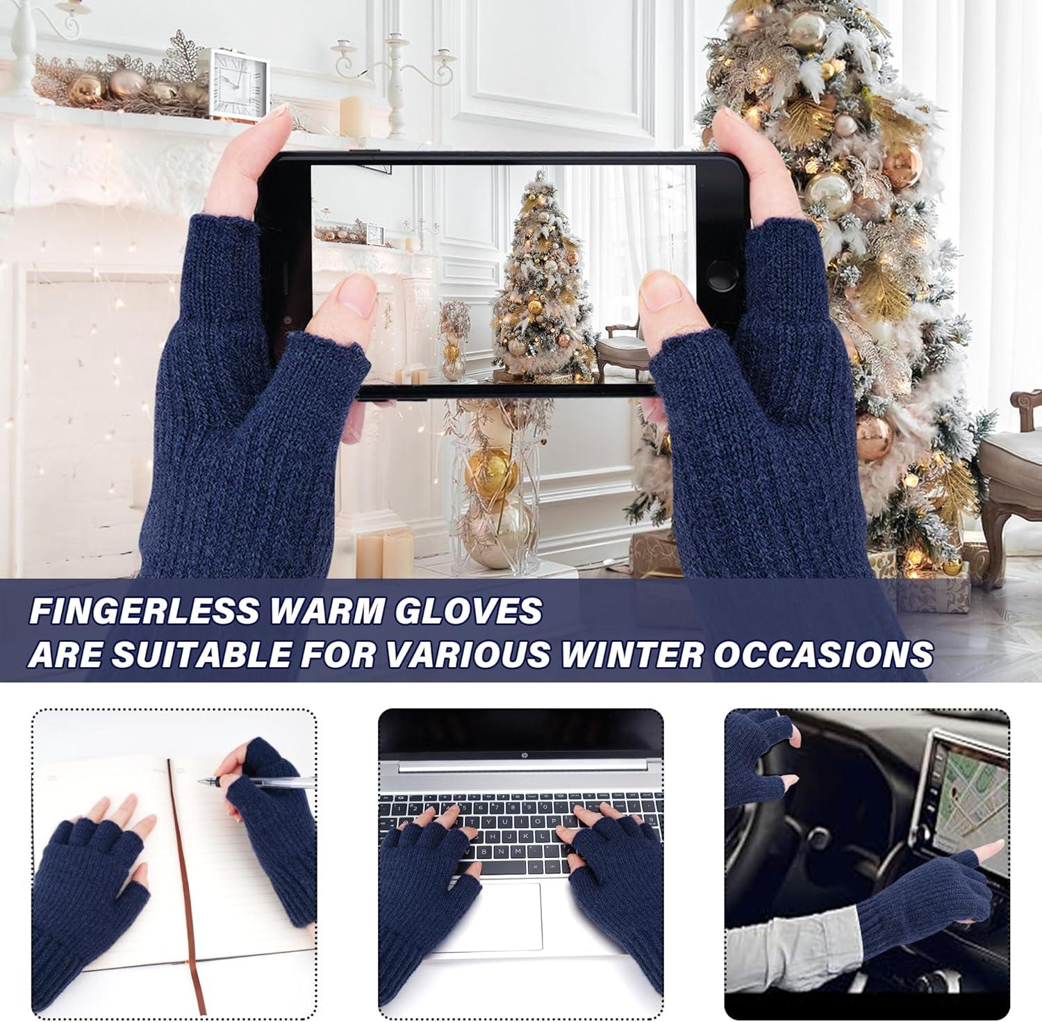 imageFZ FANTASTIC ZONE Winter Fingerless Gloves for Women Men Fleece Warm Knit Type Work Half Finger Gloves for Cold Weather GiftNavy Blue