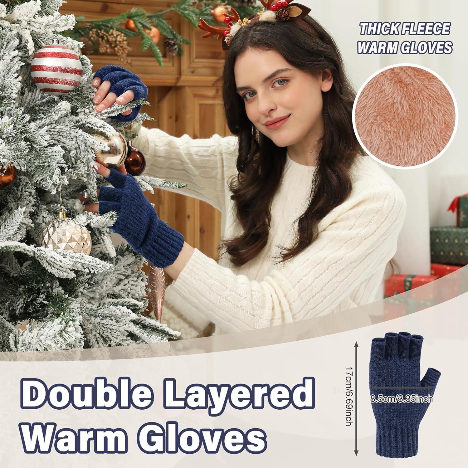 imageFZ FANTASTIC ZONE Winter Fingerless Gloves for Women Men Fleece Warm Knit Type Work Half Finger Gloves for Cold Weather GiftNavy Blue