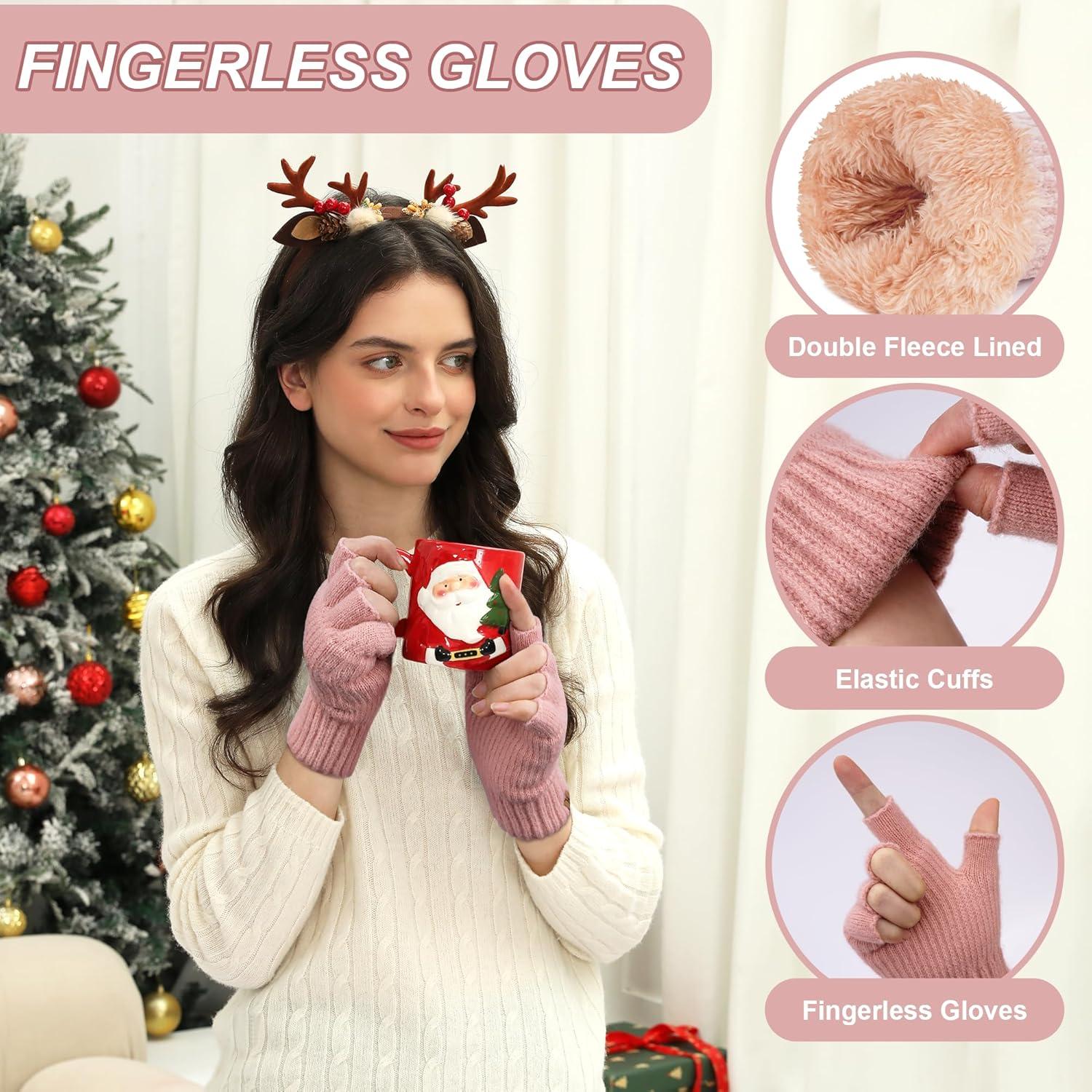 imageFZ FANTASTIC ZONE Winter Fingerless Gloves for Women Men Fleece Warm Knit Type Work Half Finger Gloves for Cold Weather GiftPink