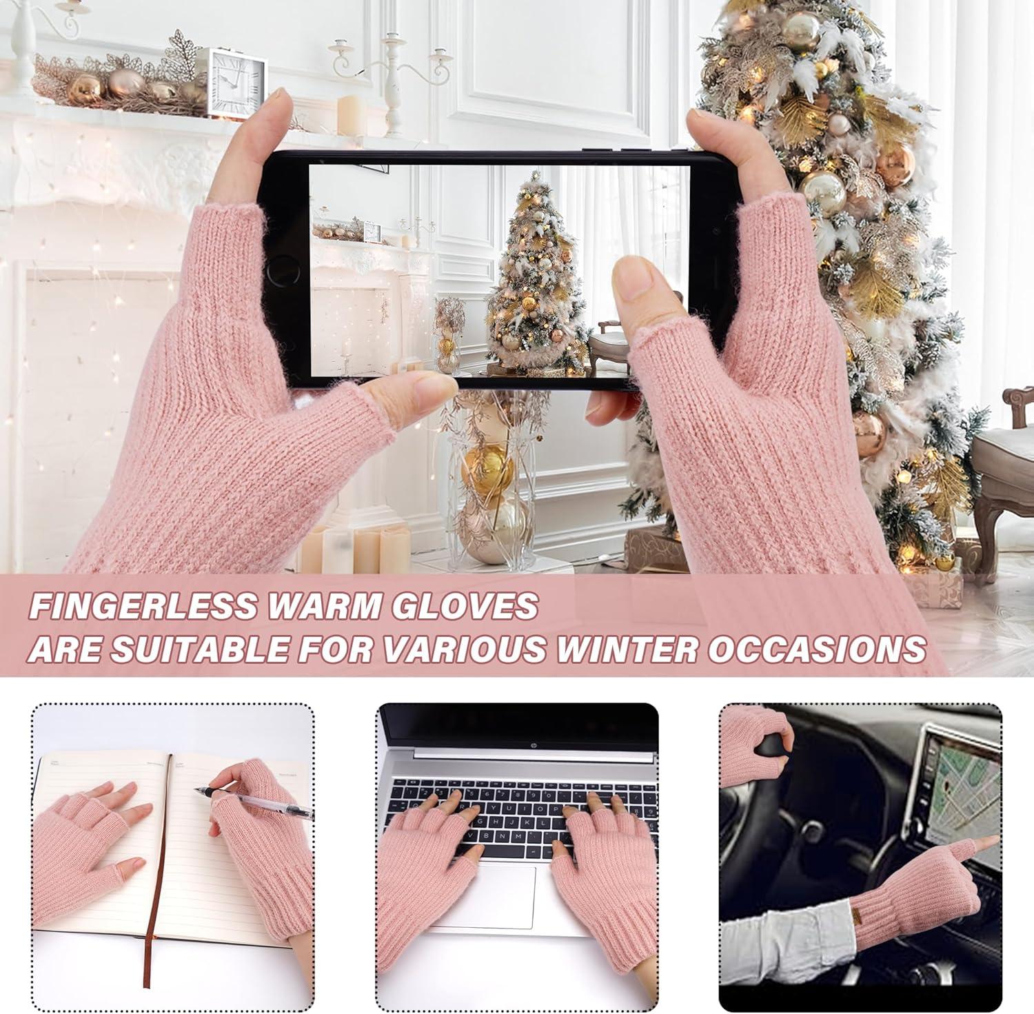 imageFZ FANTASTIC ZONE Winter Fingerless Gloves for Women Men Fleece Warm Knit Type Work Half Finger Gloves for Cold Weather GiftPink