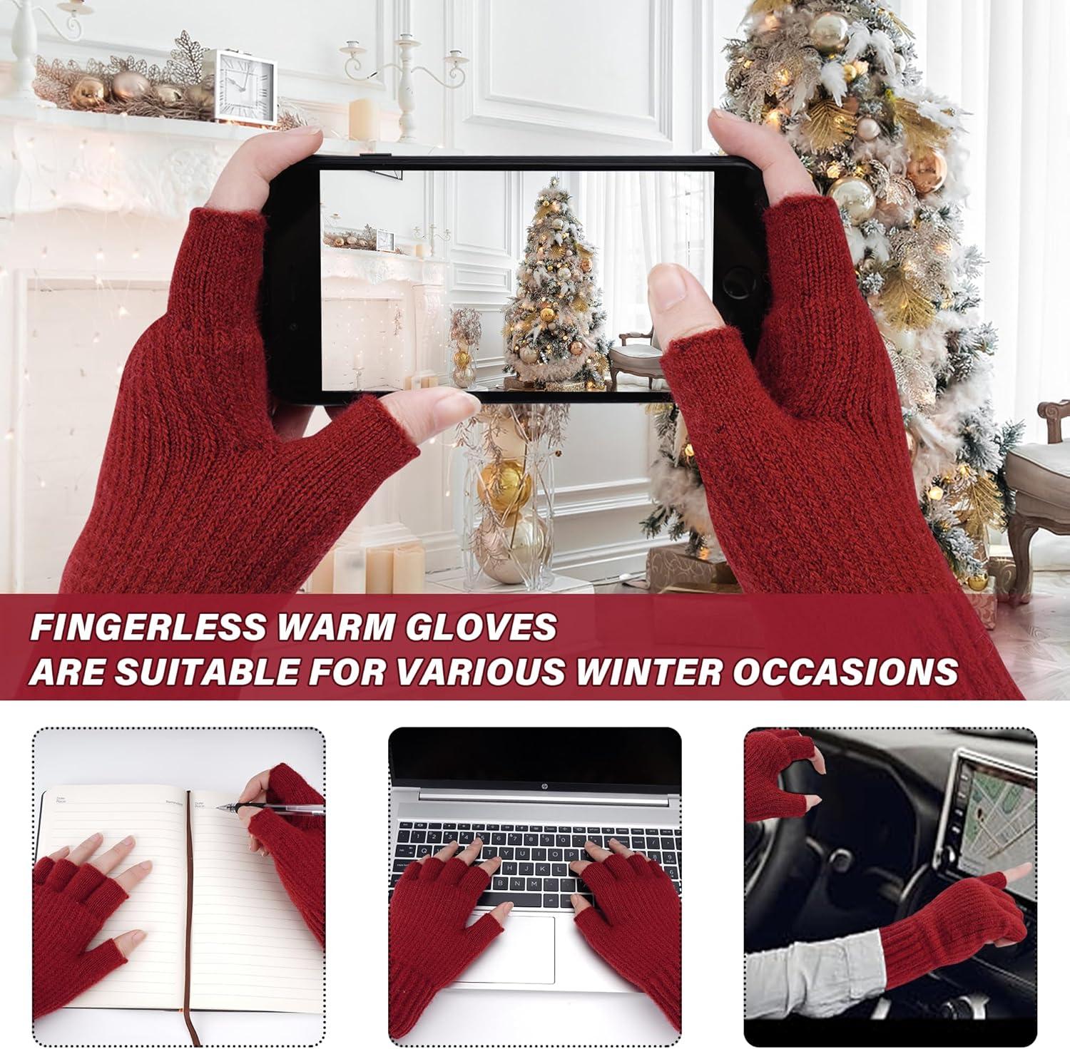 imageFZ FANTASTIC ZONE Winter Fingerless Gloves for Women Men Fleece Warm Knit Type Work Half Finger Gloves for Cold Weather GiftRed