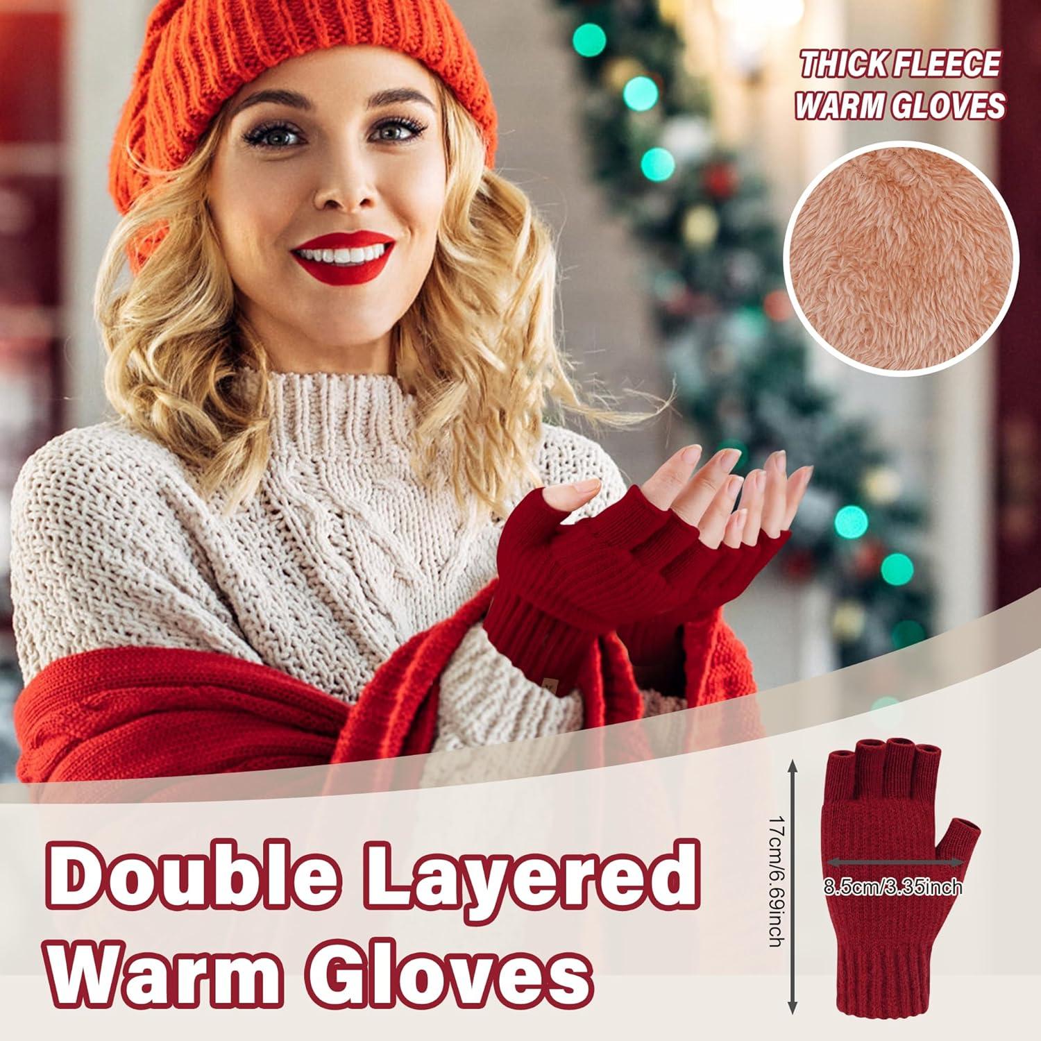 imageFZ FANTASTIC ZONE Winter Fingerless Gloves for Women Men Fleece Warm Knit Type Work Half Finger Gloves for Cold Weather GiftRed