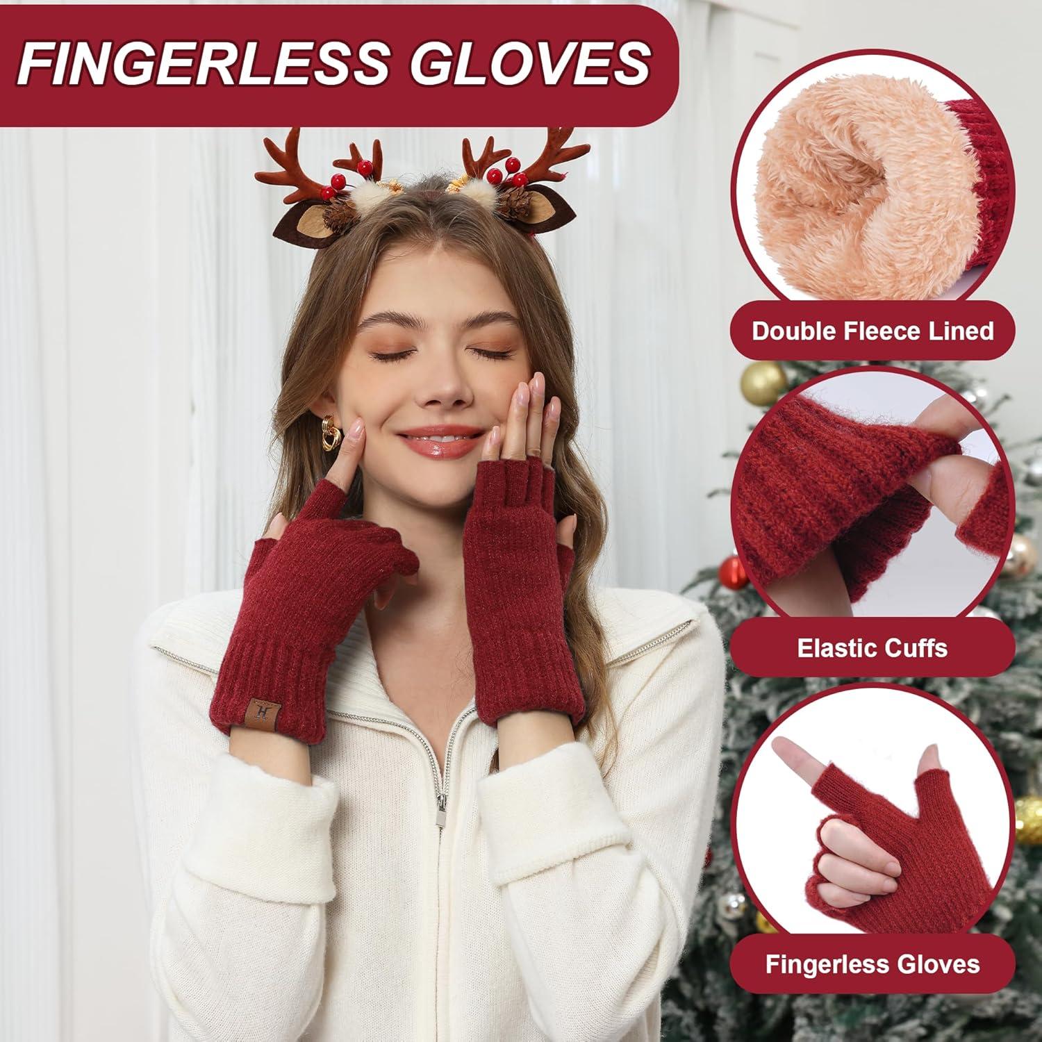 imageFZ FANTASTIC ZONE Winter Fingerless Gloves for Women Men Fleece Warm Knit Type Work Half Finger Gloves for Cold Weather GiftRed