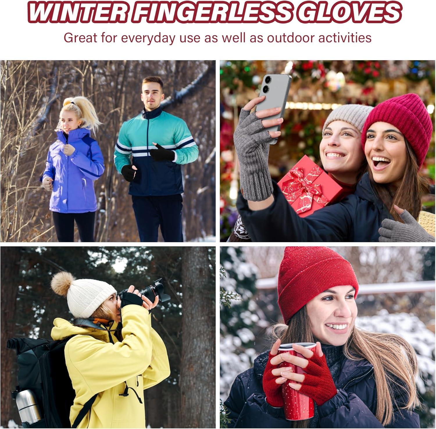 imageFZ FANTASTIC ZONE Winter Fingerless Gloves for Women Men Fleece Warm Knit Type Work Half Finger Gloves for Cold Weather GiftRed