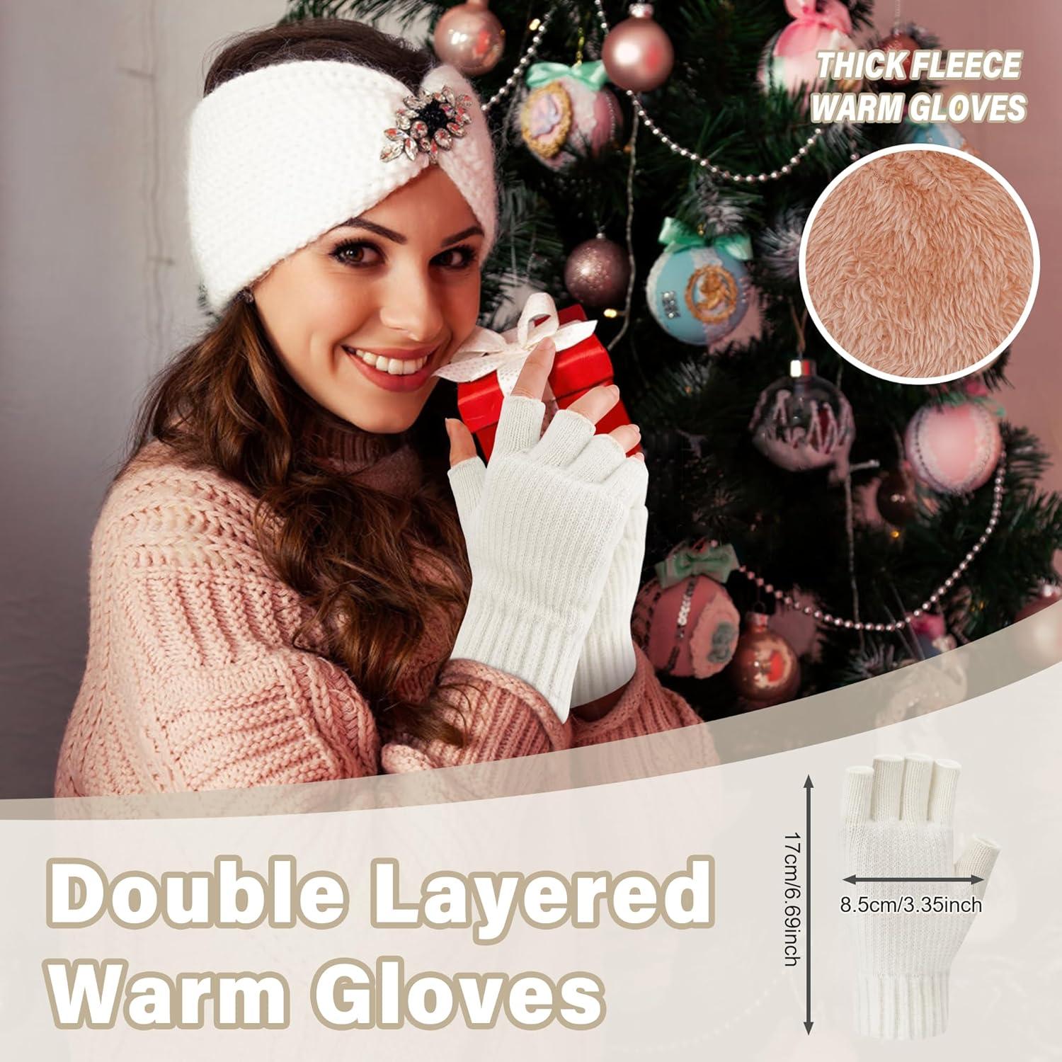 imageFZ FANTASTIC ZONE Winter Fingerless Gloves for Women Men Fleece Warm Knit Type Work Half Finger Gloves for Cold Weather GiftWhite