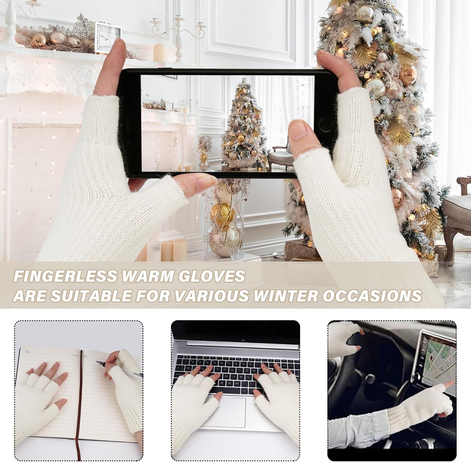 imageFZ FANTASTIC ZONE Winter Fingerless Gloves for Women Men Fleece Warm Knit Type Work Half Finger Gloves for Cold Weather GiftWhite