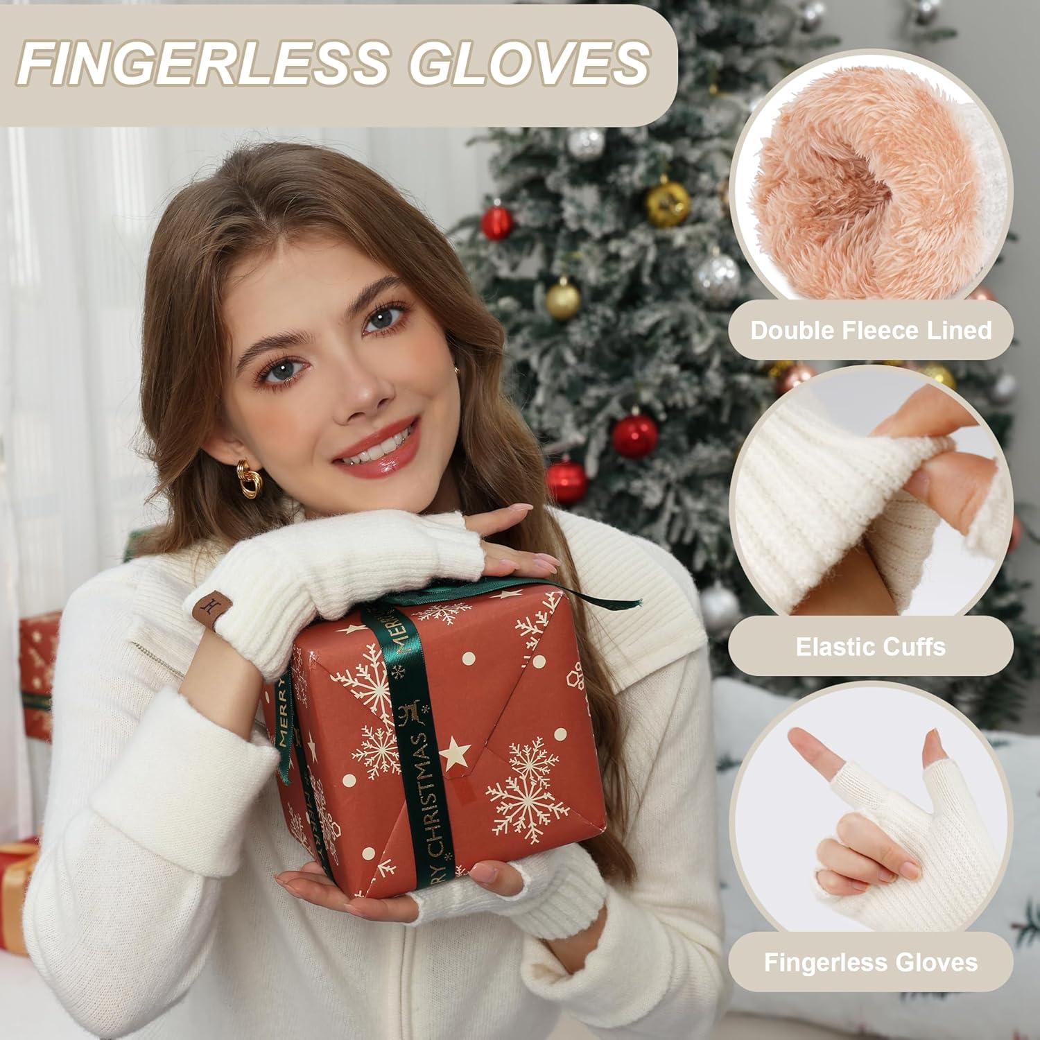 imageFZ FANTASTIC ZONE Winter Fingerless Gloves for Women Men Fleece Warm Knit Type Work Half Finger Gloves for Cold Weather GiftWhite