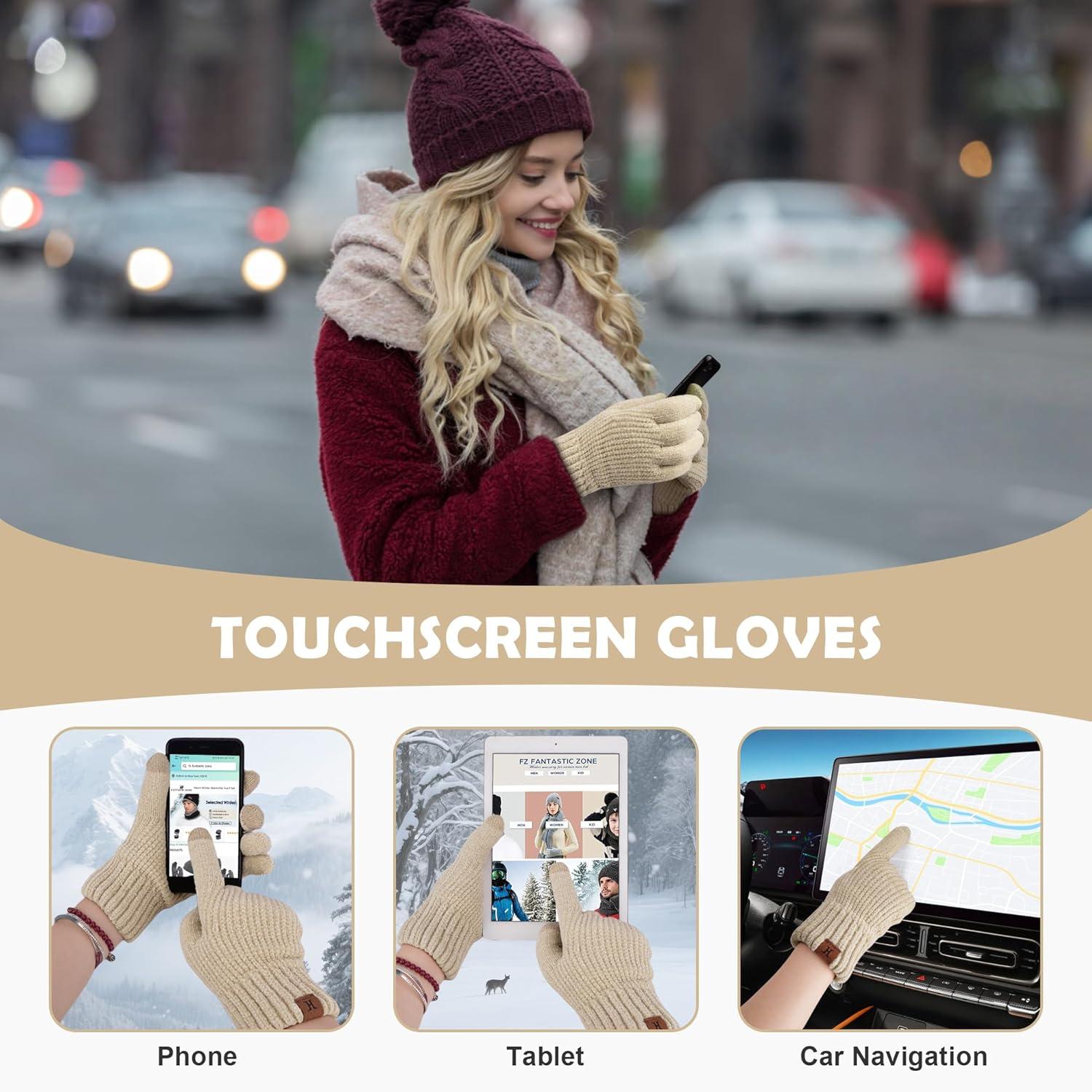 imageFZ FANTASTIC ZONE Womens Winter Gloves with Touch Screen Thermal Chenille Warm Lining Knit Gloves for Women Cold Weather GiftBeige